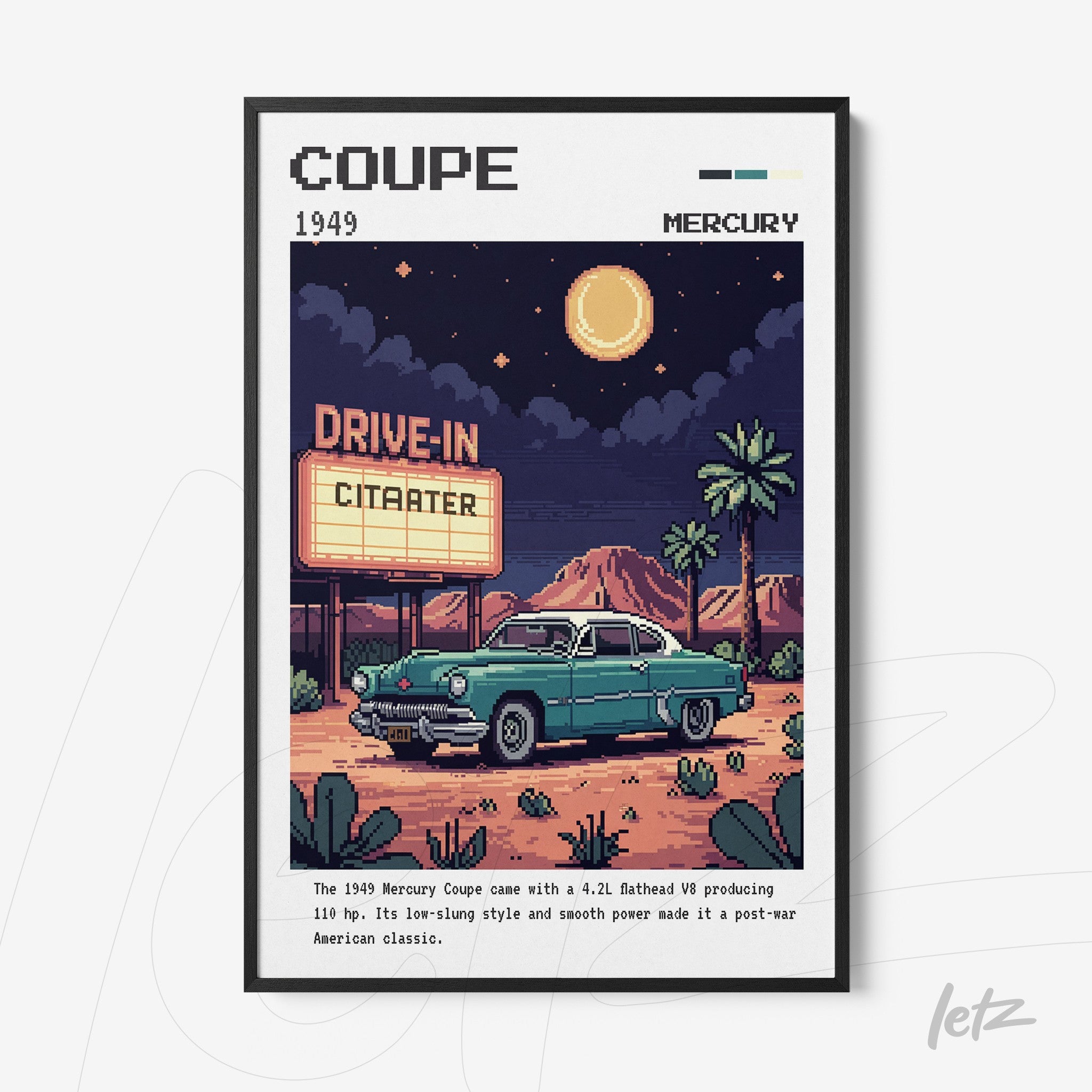 pixel art framed piece of a 1949 mercury coupe car in a retro drive-in cinema setting