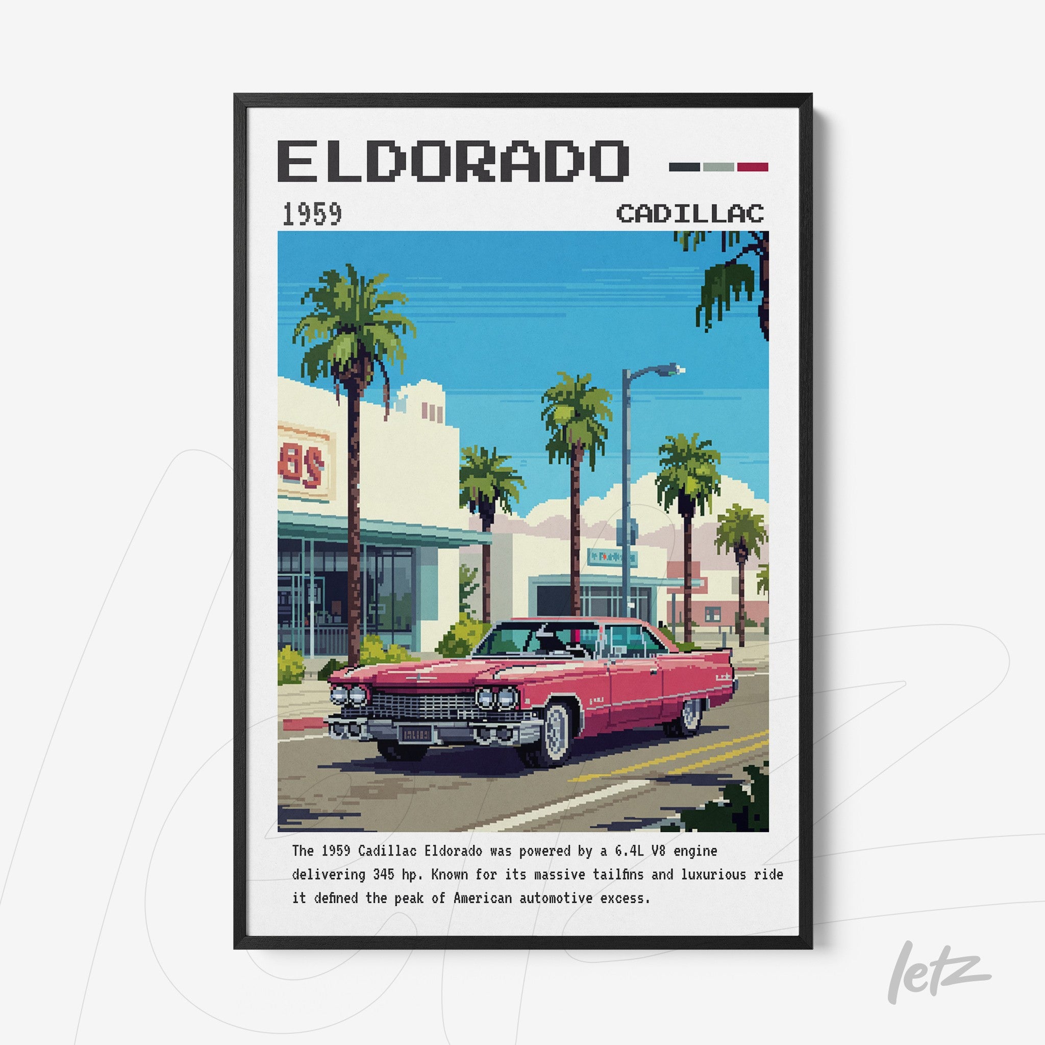 pixel art illustration of a pink Cadillac Eldorado parked on a street with palm trees and buildings in the background