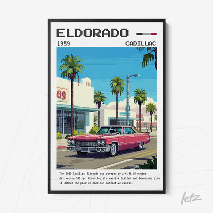 pixel art illustration of a pink Cadillac Eldorado parked on a street with palm trees and buildings in the background