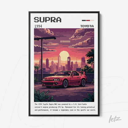 framed pixel art of a 1994 Toyota Supra car showcasing an urban sunset background