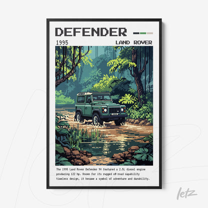 pixel art framed illustration of the 1995 Land Rover Defender with black frame