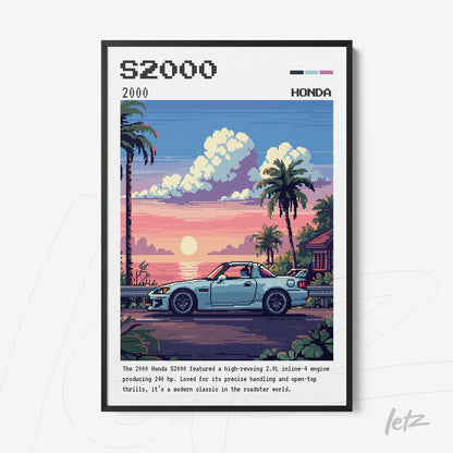 framed pixel art of the Honda S2000 car against a sunset background with palm trees