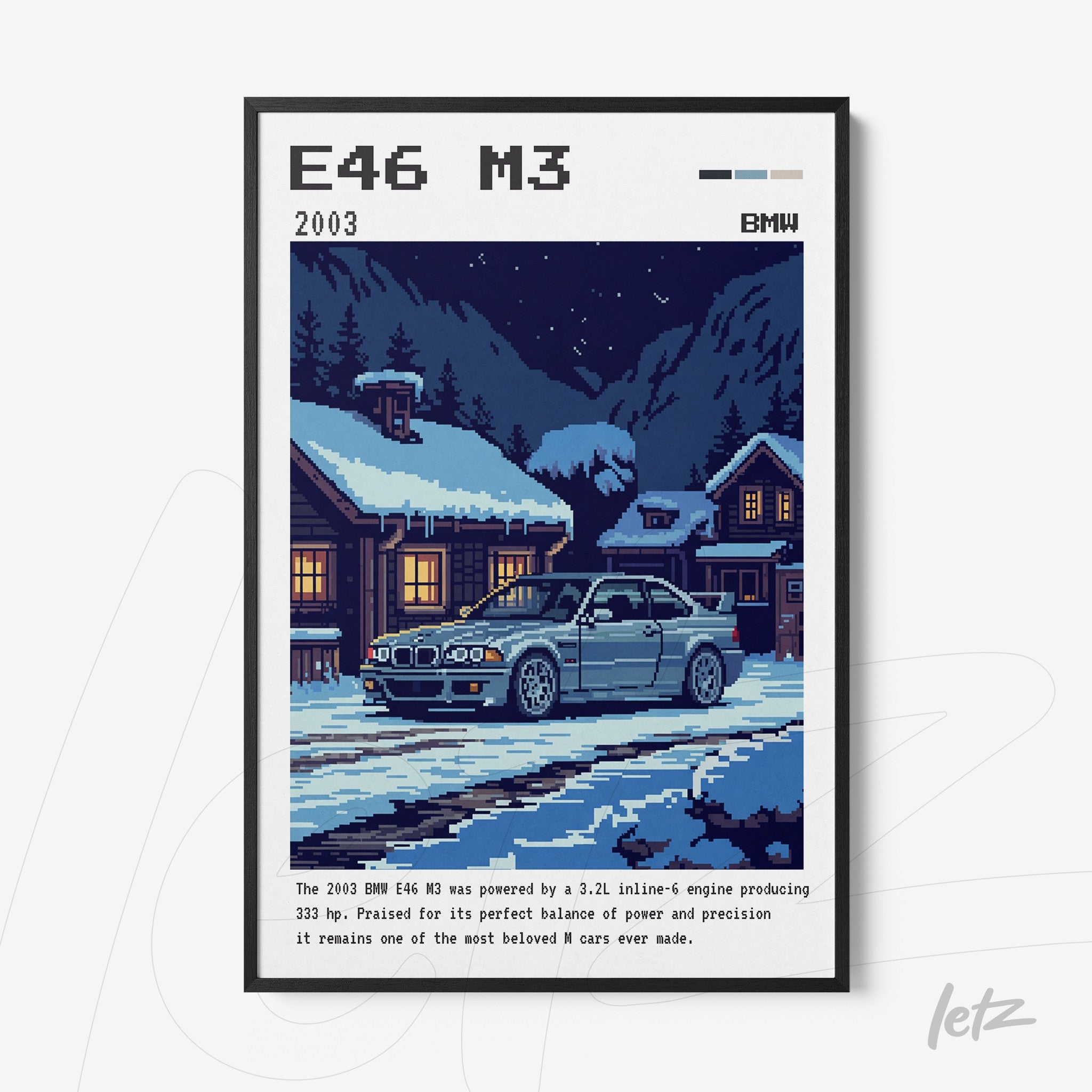 framed pixel art illustration of the BMW E46 M3 in a snowy setting with cozy houses