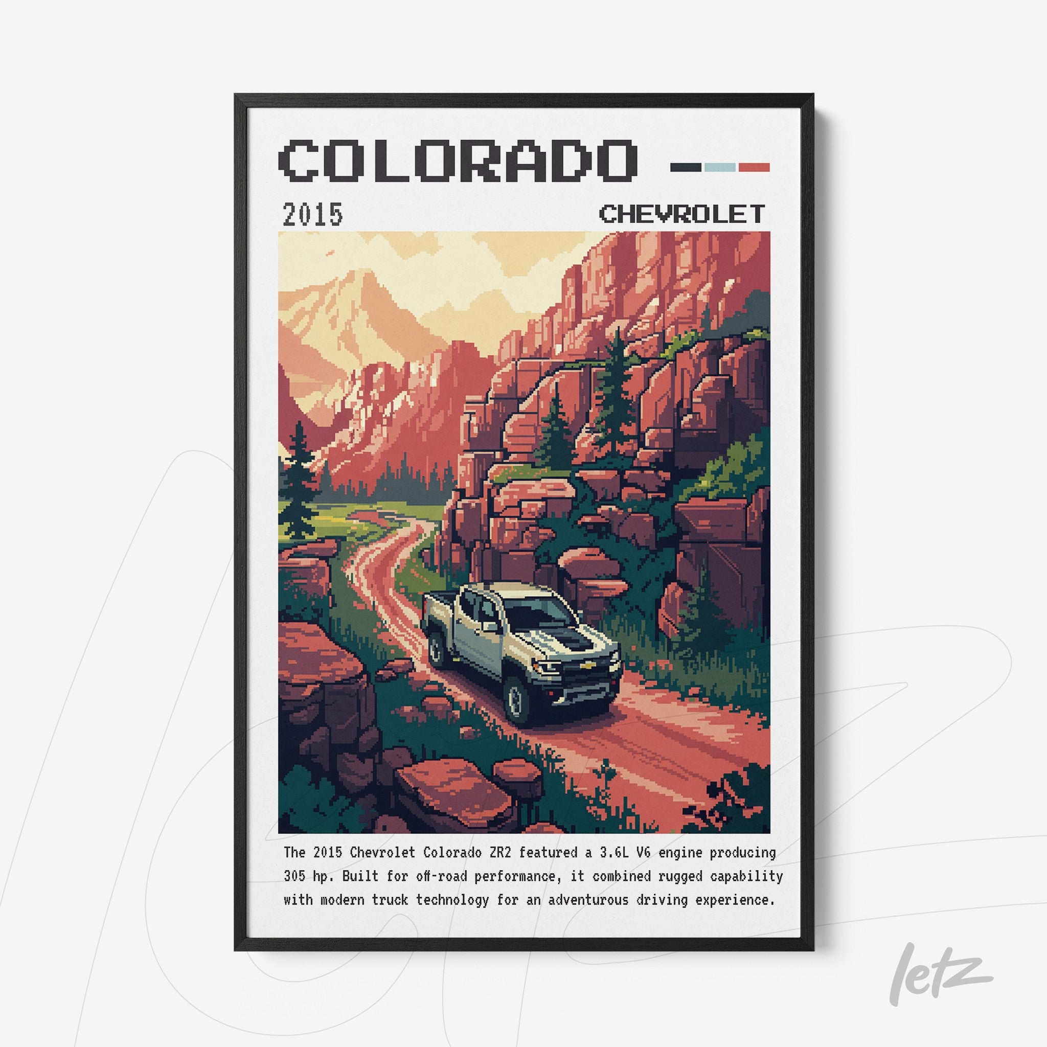 framed retro-style art of Chevrolet Colorado truck on a mountain road