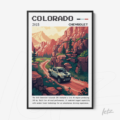 framed retro-style art of Chevrolet Colorado truck on a mountain road