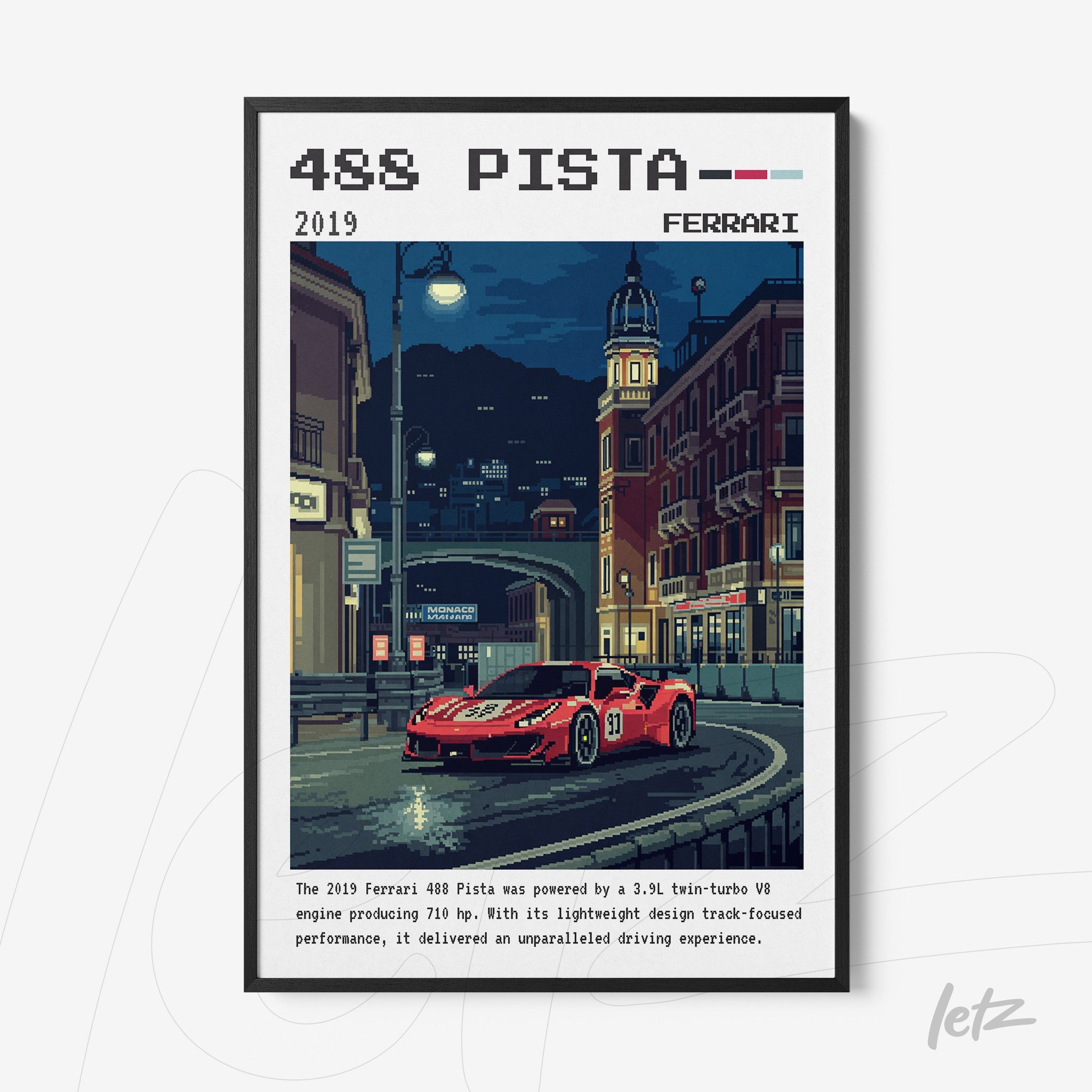framed pixel art featuring a red ferrari 488 pista in a city at night, highlighting architectural details and soft lighting