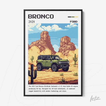 pixel art wall art featuring the 2020 Ford Bronco in a desert setting with cacti