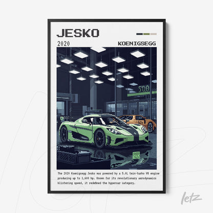 pixel art framed wall art of a Koenigsegg Jesko supercar with black frame and workshop background details