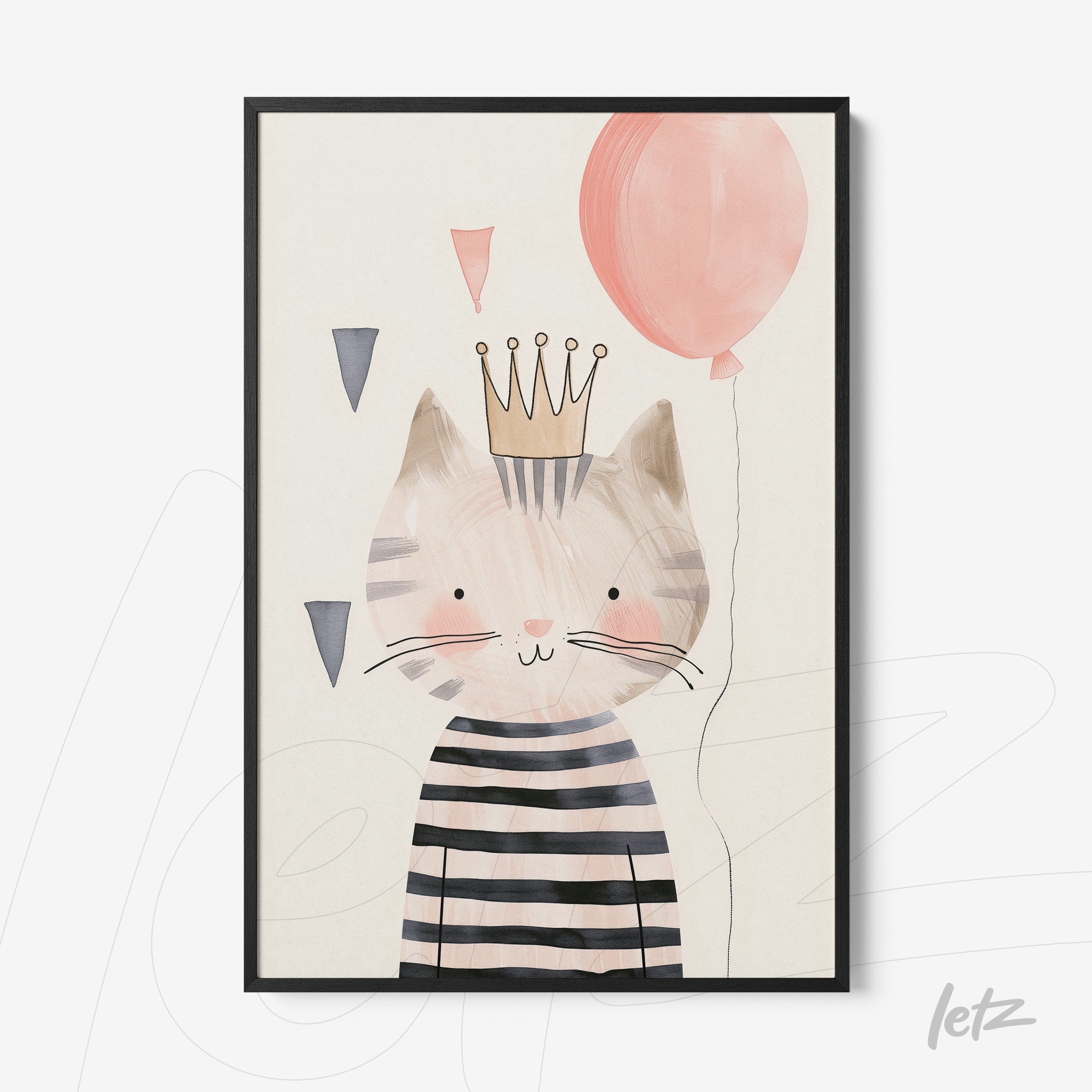 framed wall art of a cute cat wearing a crown and striped shirt holding a balloon on a light background