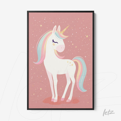 framed wall art illustration of a white unicorn on a pink background with stars