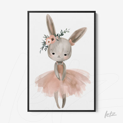 framed artwork of a cute bunny ballerina wearing a pink tutu and floral crown