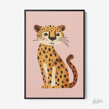 framed artwork featuring a stylized leopard illustration on a pink background with a black frame