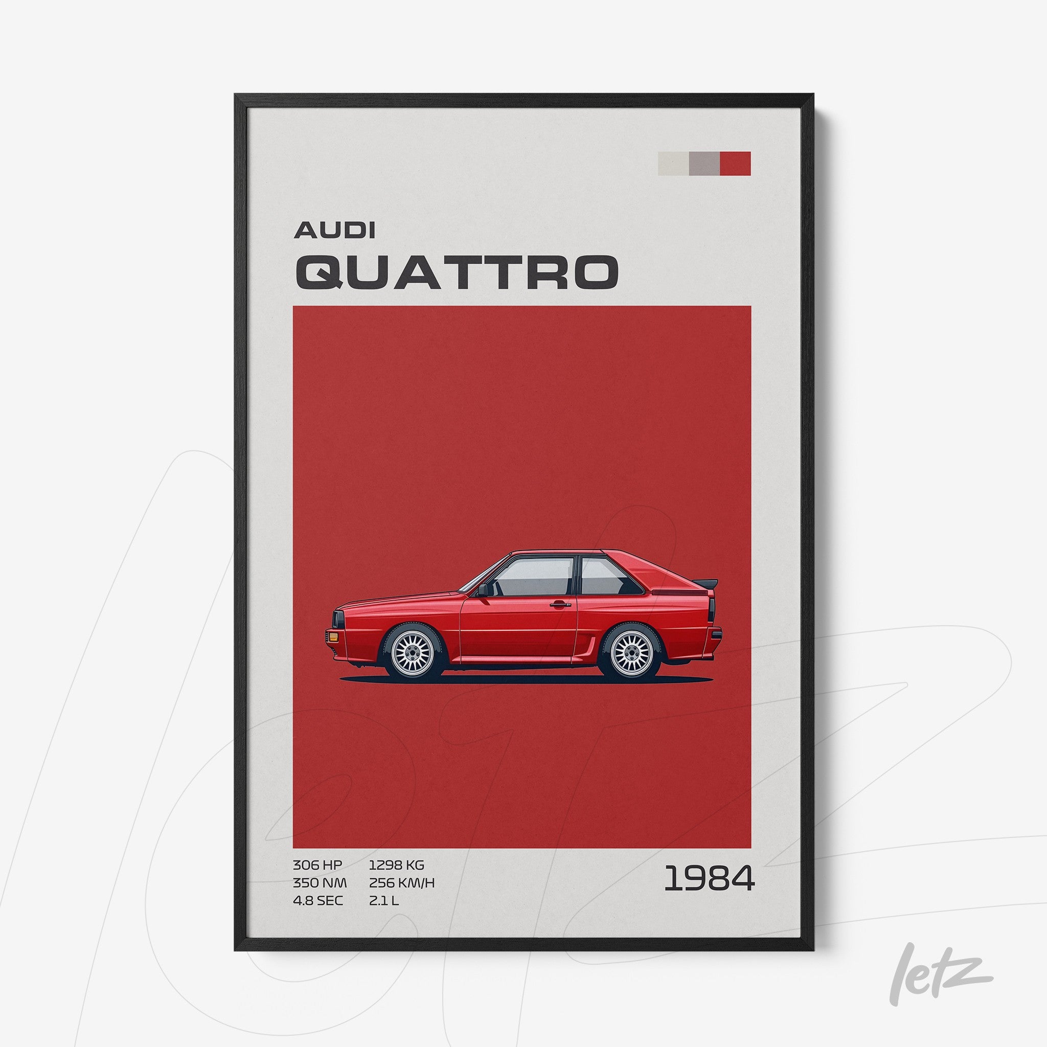 framed artwork featuring Audi Quattro car illustration in red background