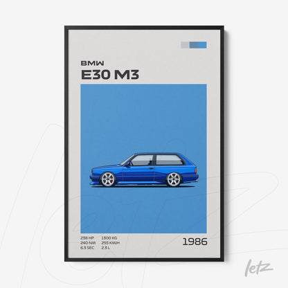 framed wall art featuring a stylized illustration of a blue BMW E30 M3 on a vibrant background