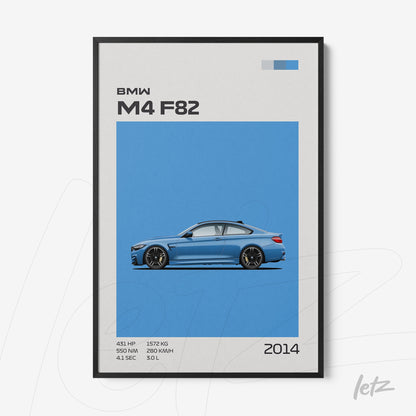 framed wall art featuring modern design of BMW M4 F82 on blue background
