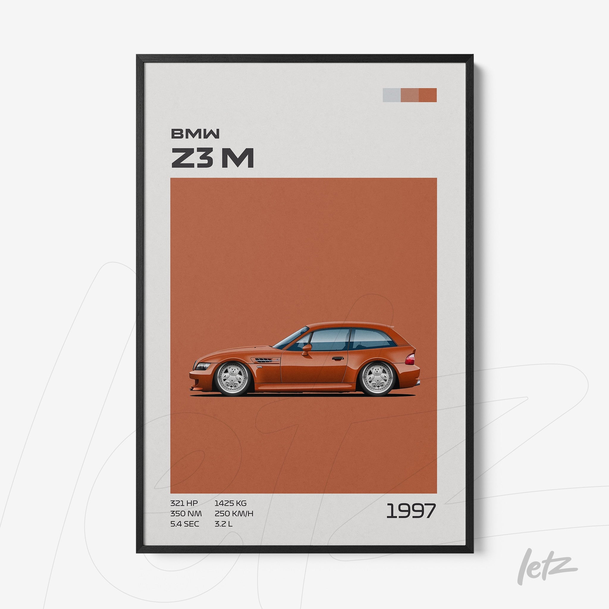 framed minimalist art of BMW Z3 M car on orange background with black frame