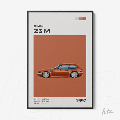 framed minimalist art of BMW Z3 M car on orange background with black frame