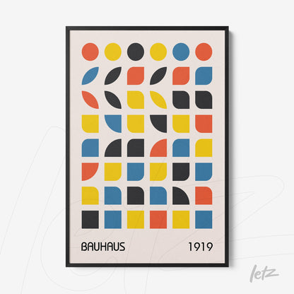 framed wall art with colorful geometric design in Bauhaus style and black border