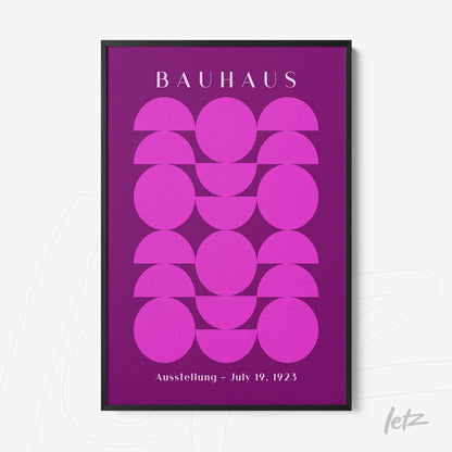 vibrant purple poster with bauhaus-inspired geometric art in black frame