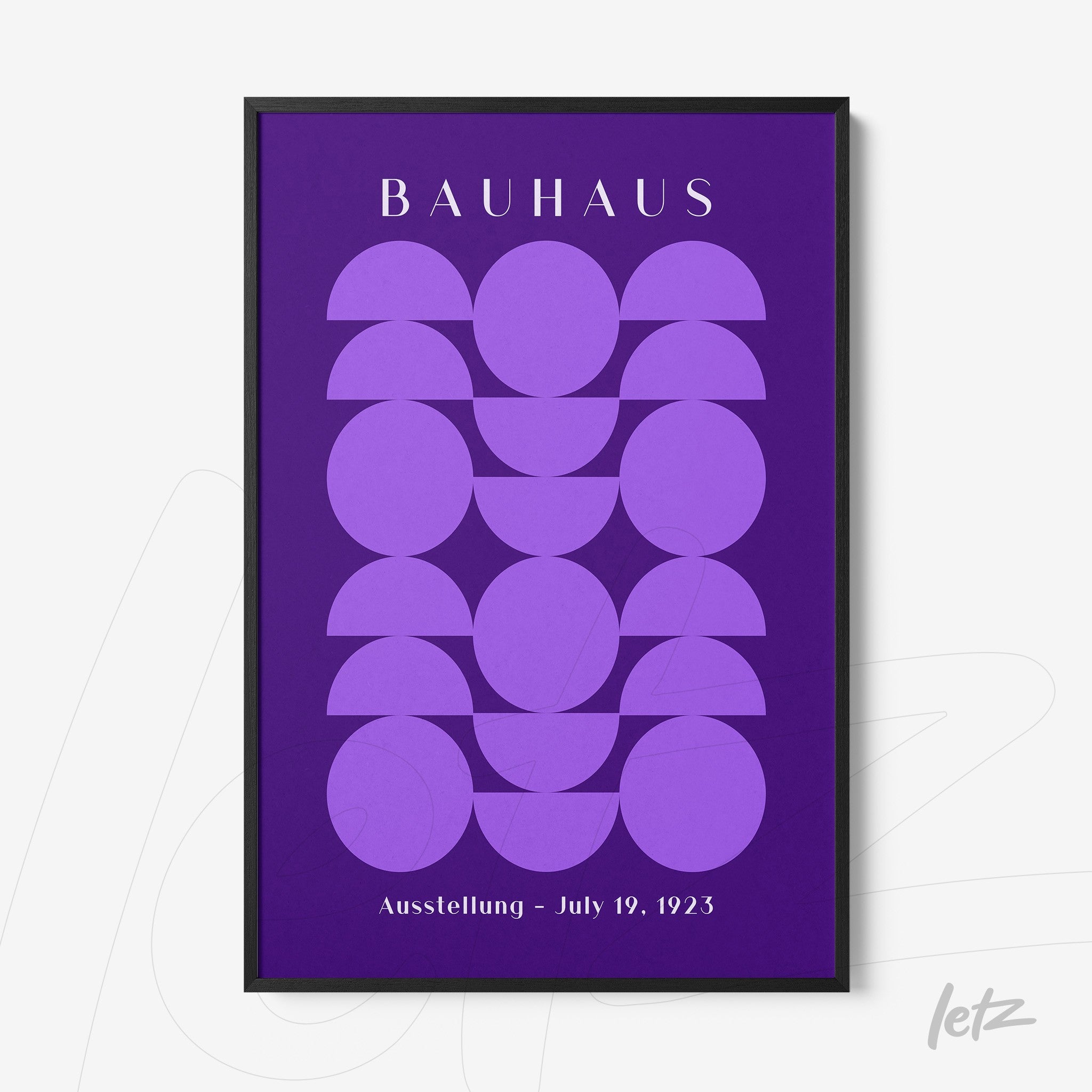 bauhaus style poster featuring lilac geometric shapes on a purple background with black frame
