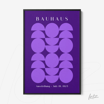 bauhaus style poster featuring lilac geometric shapes on a purple background with black frame