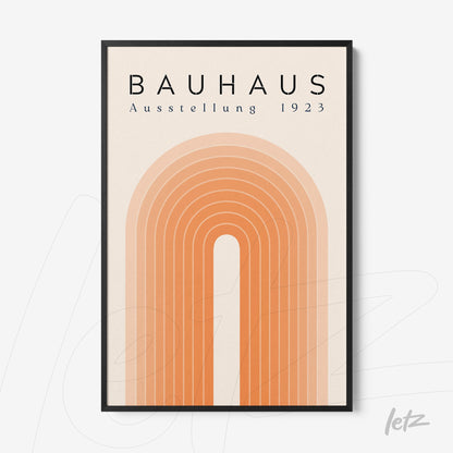 bauhaus style framed art with concentric orange arches and black frame