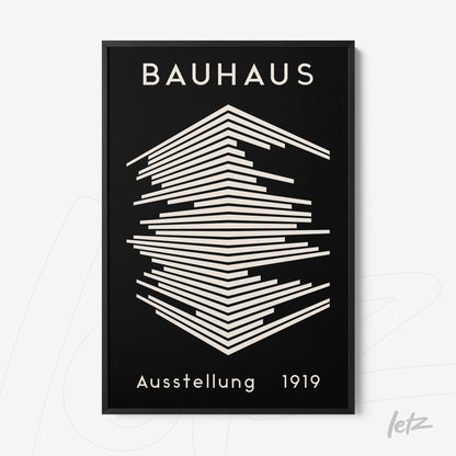 print featuring Bauhaus geometric art with a thin black frame and black background