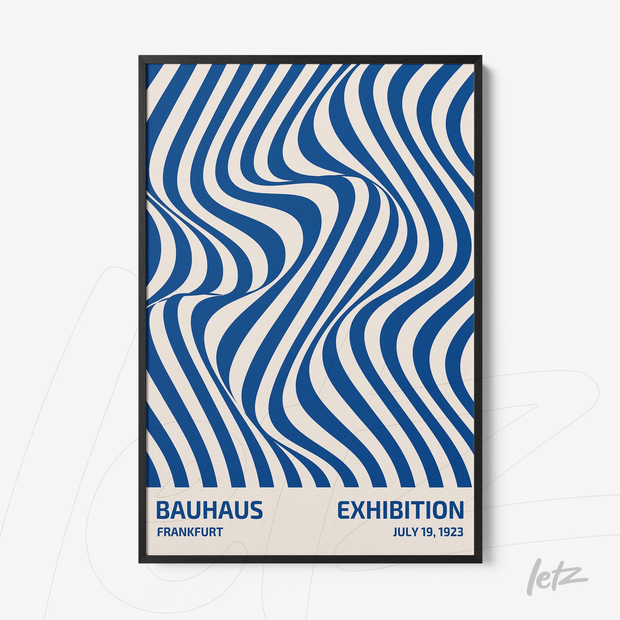 poster featuring blue wavy pattern with text bauhaus exhibition in black frame