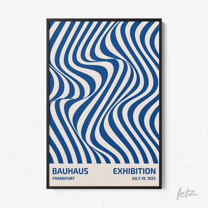 poster featuring blue wavy pattern with text bauhaus exhibition in black frame