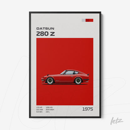 framed artwork of Datsun 280 Z car illustration on vibrant red background with black frame