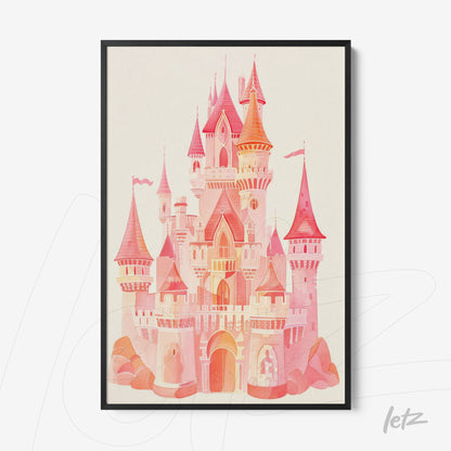 framed artwork of a fairytale castle in shades of pink and orange