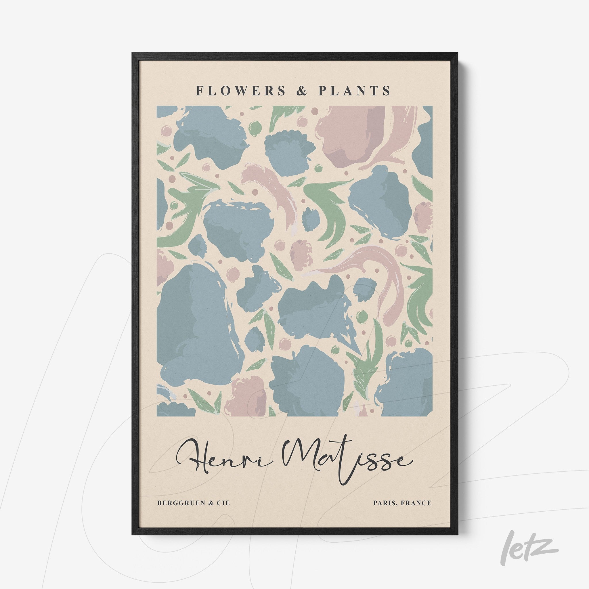 framed wall art featuring abstract floral design in soft colors with black frame