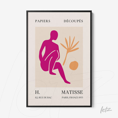 framed modern art with vibrant colors featuring a stylized figure of a woman in pink, palm leaves in orange, light background and black frame
