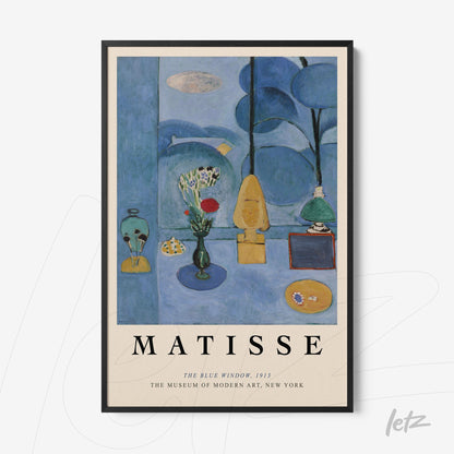 framed artwork by Matisse titled 'The Blue Window', featuring a blue background and modern shapes and figures
