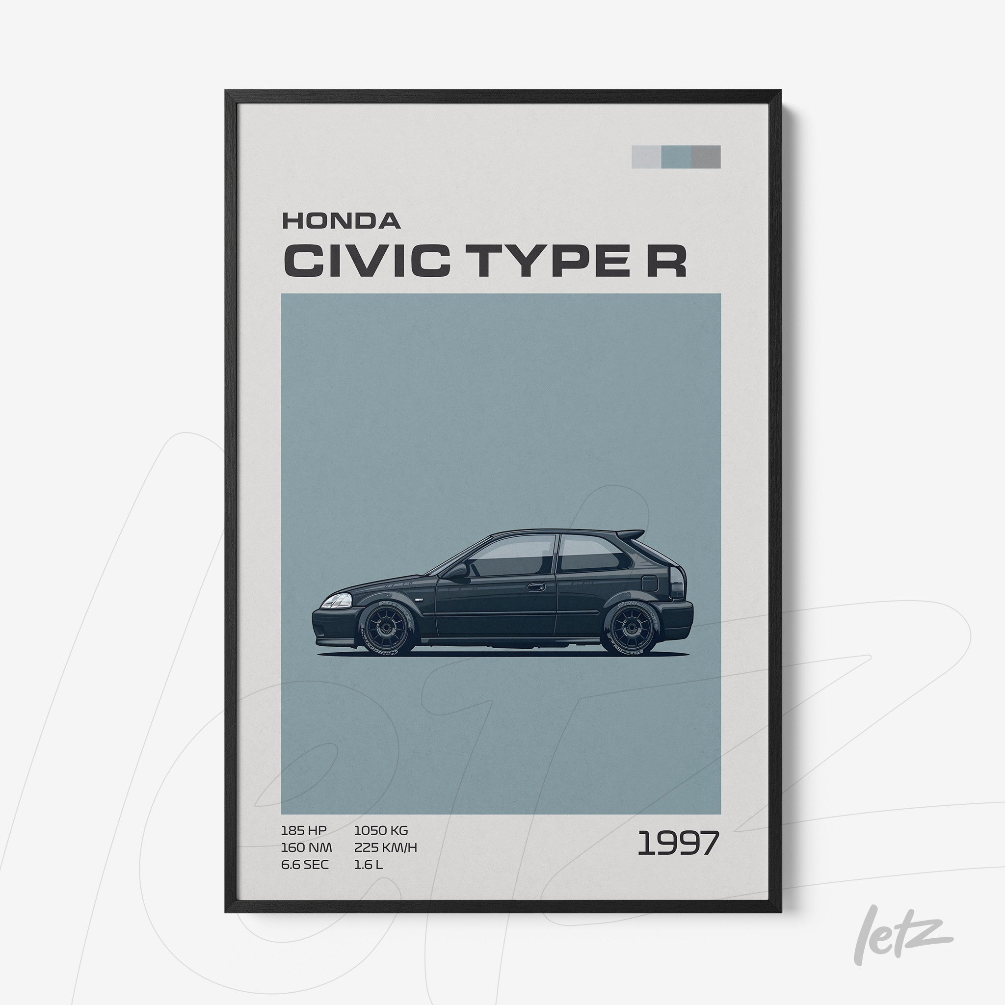 framed minimalist illustration of 1997 Honda Civic Type R with a black frame
