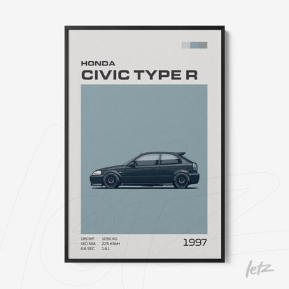 framed minimalist illustration of 1997 Honda Civic Type R with a black frame