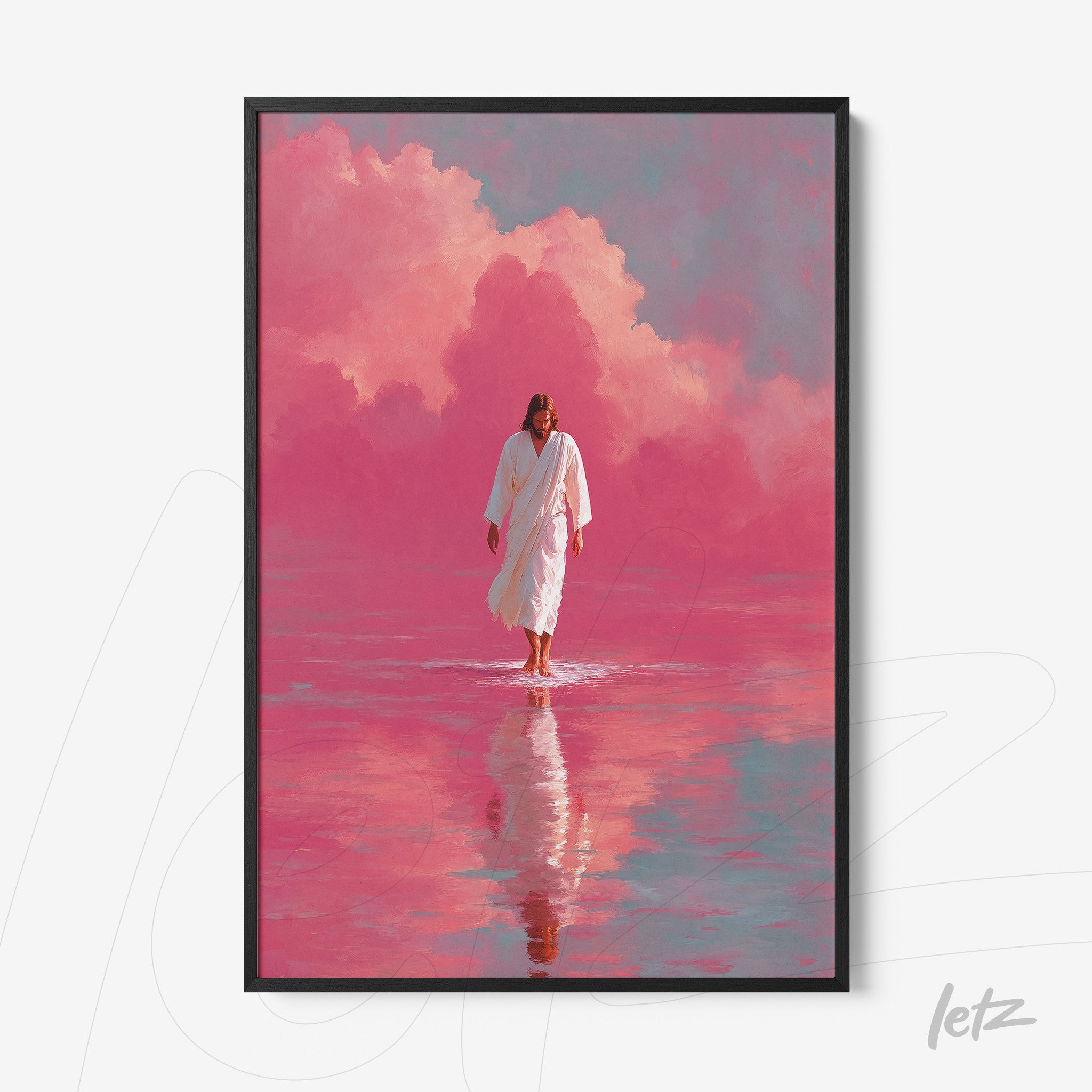 framed artwork of a religious figure walking on water under a vibrant pink sky with subtle reflection