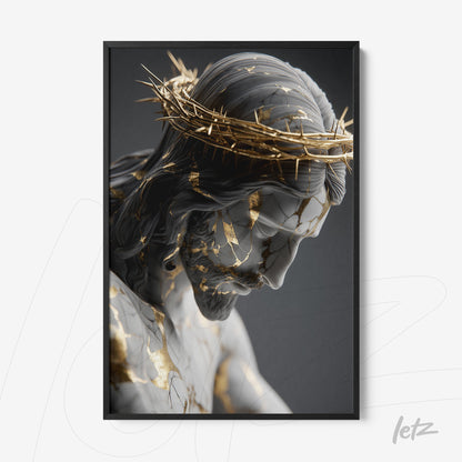 framed art of a sculpture of Christ with golden crack details in black frame
