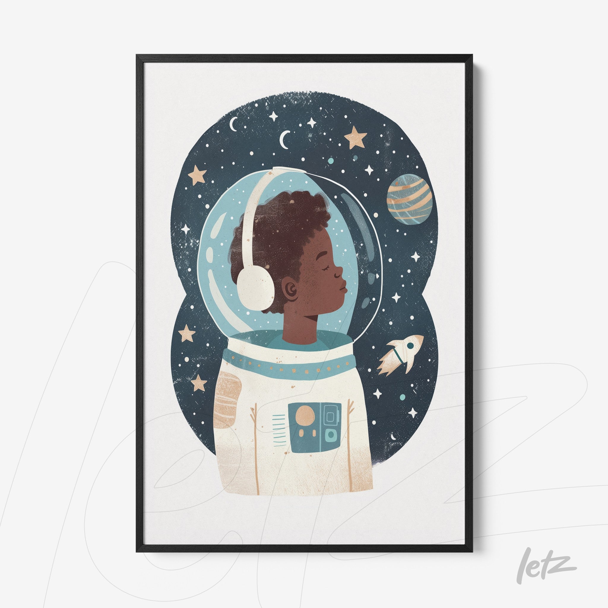 framed illustration of a child astronaut in a starry space background with planets