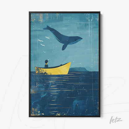 framed artwork depicting a child in a yellow boat watching a whale jumping against a blue backdrop