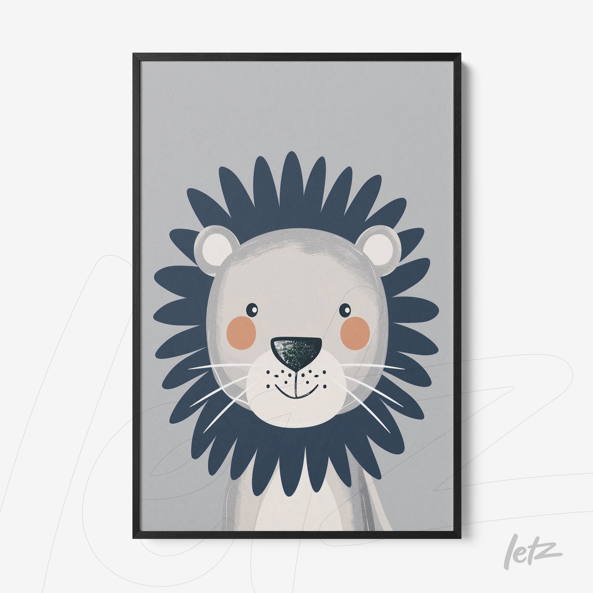 framed wall art featuring a cute lion illustration on gray background with black frame