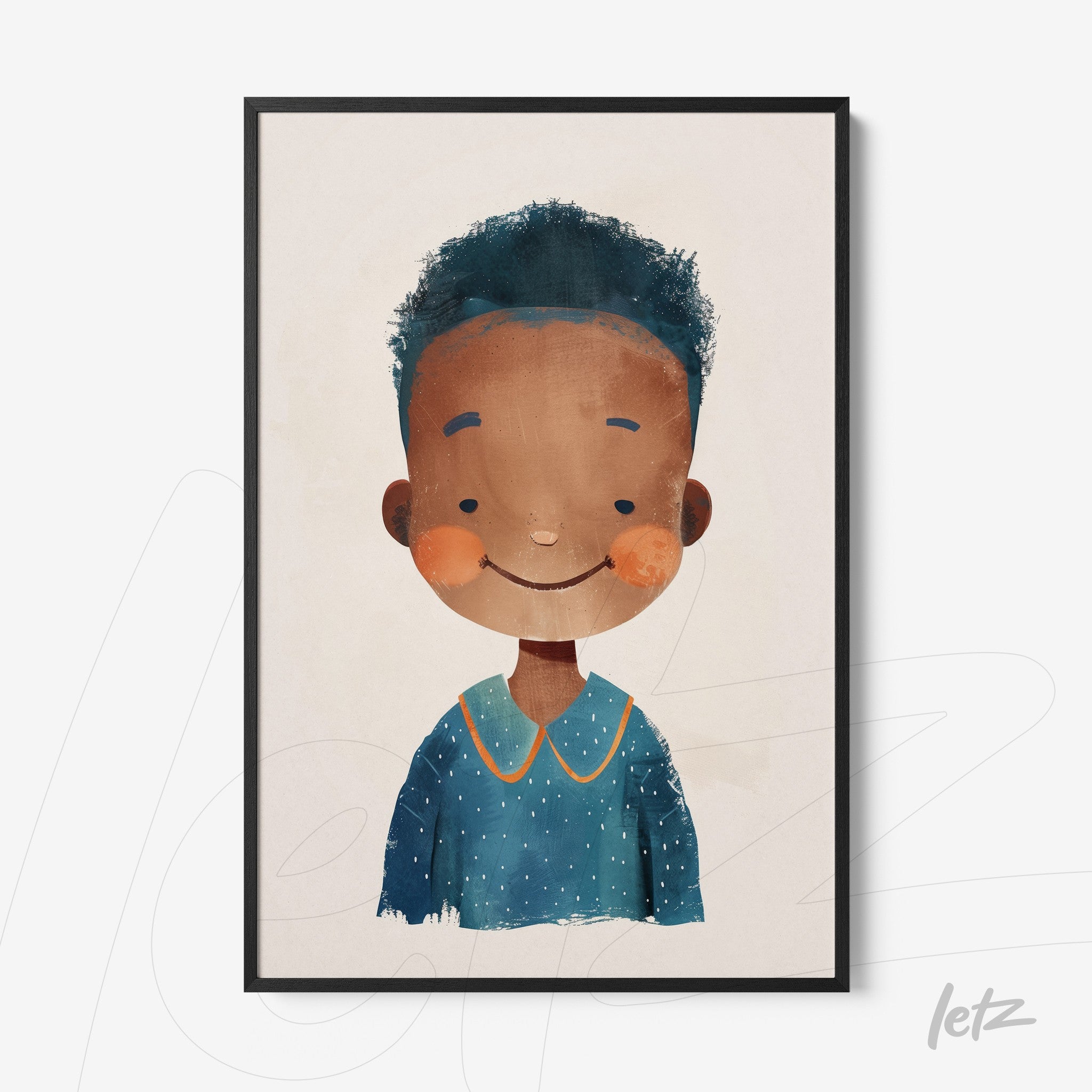 framed wall art featuring a cheerful child character with curly hair and blue outfit