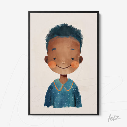 framed wall art featuring a cheerful child character with curly hair and blue outfit