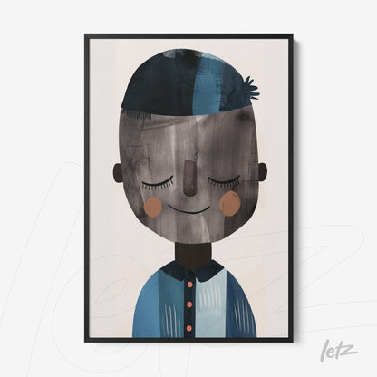 framed art print featuring a smiling boy with blue hair, neutral background and black frame