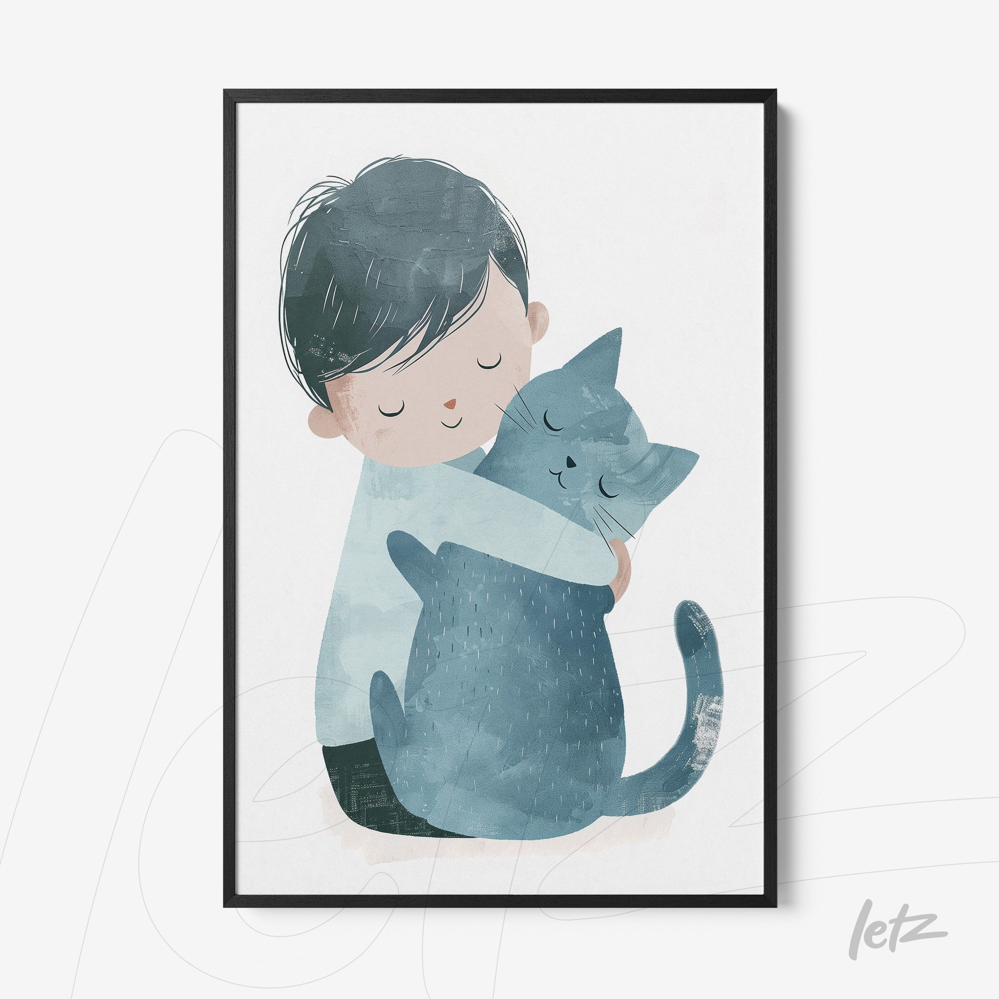 framed artwork of a child hugging a blue cat with a black frame