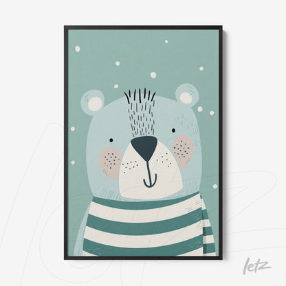 framed artwork featuring a smiling bear wearing white and green stripes on a blue background