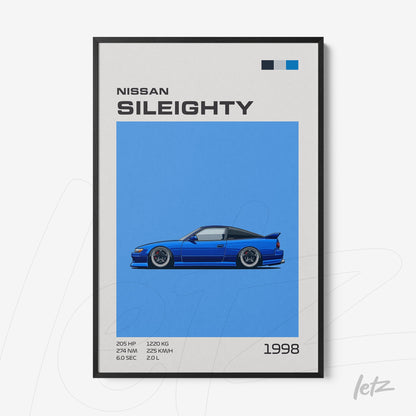 wall art featuring digital illustration of Nissan Sil80 sports car on vibrant blue background with black frame