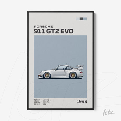 framed digital art of a 1993 Porsche 911 GT2 EVO in minimalist style against light blue background with black frame