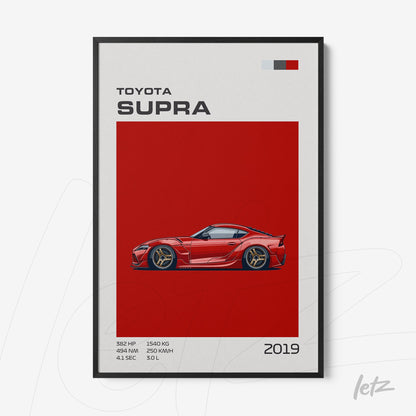 framed digital art of the Toyota Supra car on vibrant red background with black frame