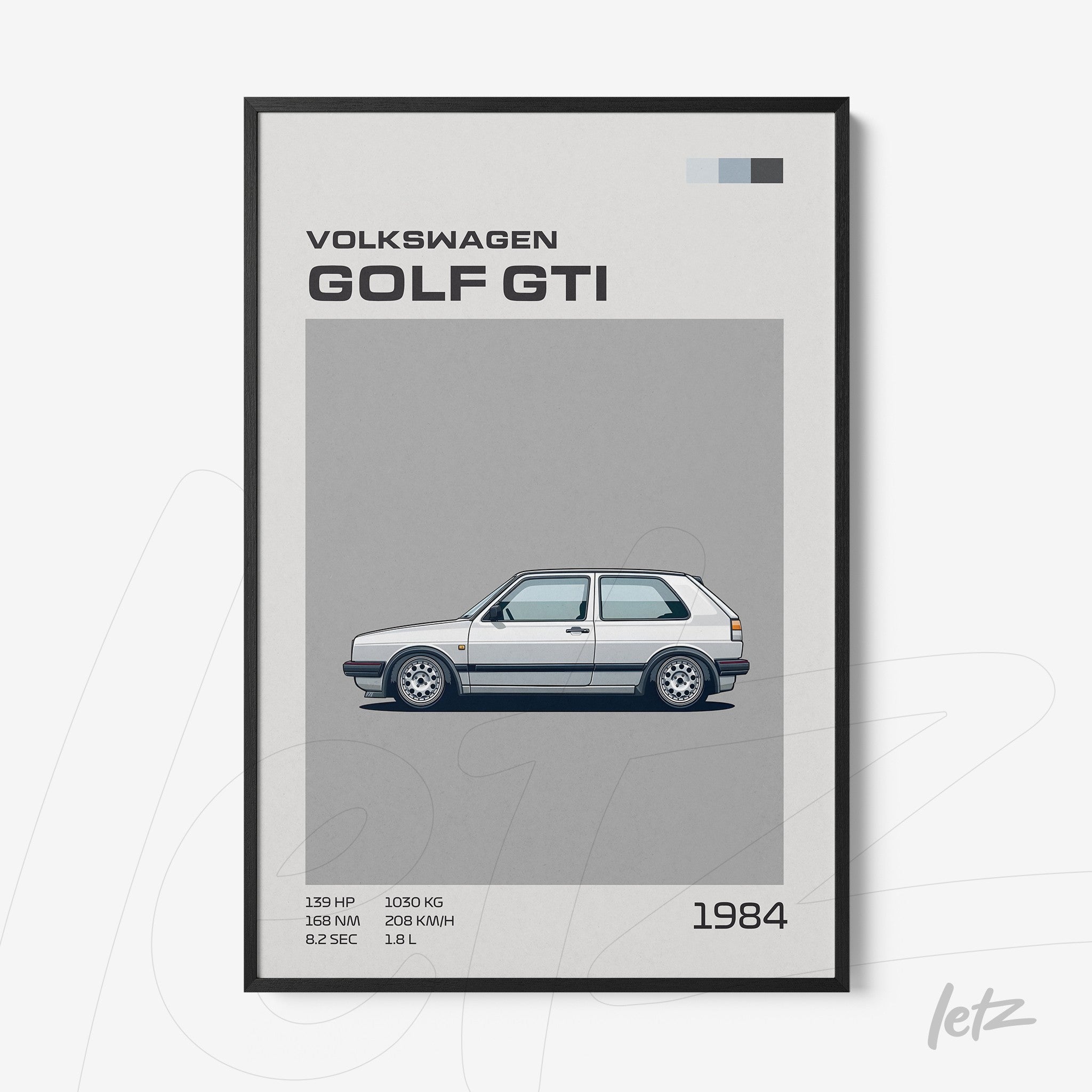 framed minimalist illustration of Volkswagen Golf GTI in black frame